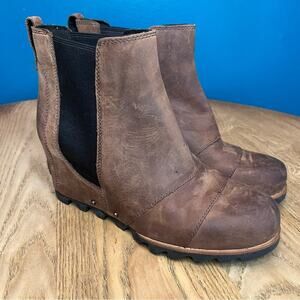 Sorel Lea Wedge Waterproof Elk Brown Leather Boots Rain Winter Women’s Size 8.5